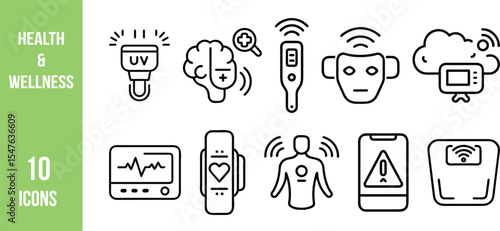 Minimal line icons representing modern health and wellness technology, including wearables, sensors, smart medical tools, and monitoring systems.
