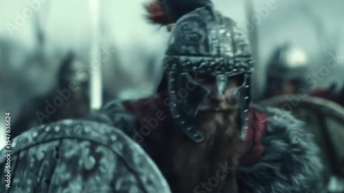 Medieval warrior with beard in chainmail armor wielding sword during intense battle, as fierce barbarian tribal warfare and combat in historical conflict scene. Viking or celtic warrior against Rome