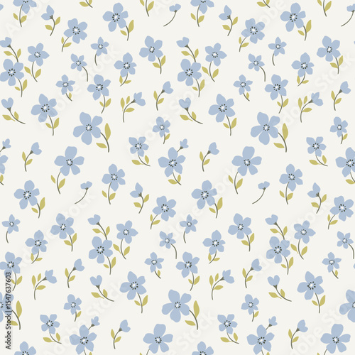 Seamless floral pattern, liberty ditsy print in delicate country motif. Cute botanical design, repeating pattern in pastel colors. Small blue flowers, tiny leaves on white field. Vector illustration.