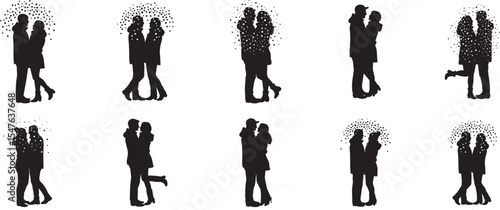 Silhouette couples in love vector art design black and white romantic illustration set for valentine's day