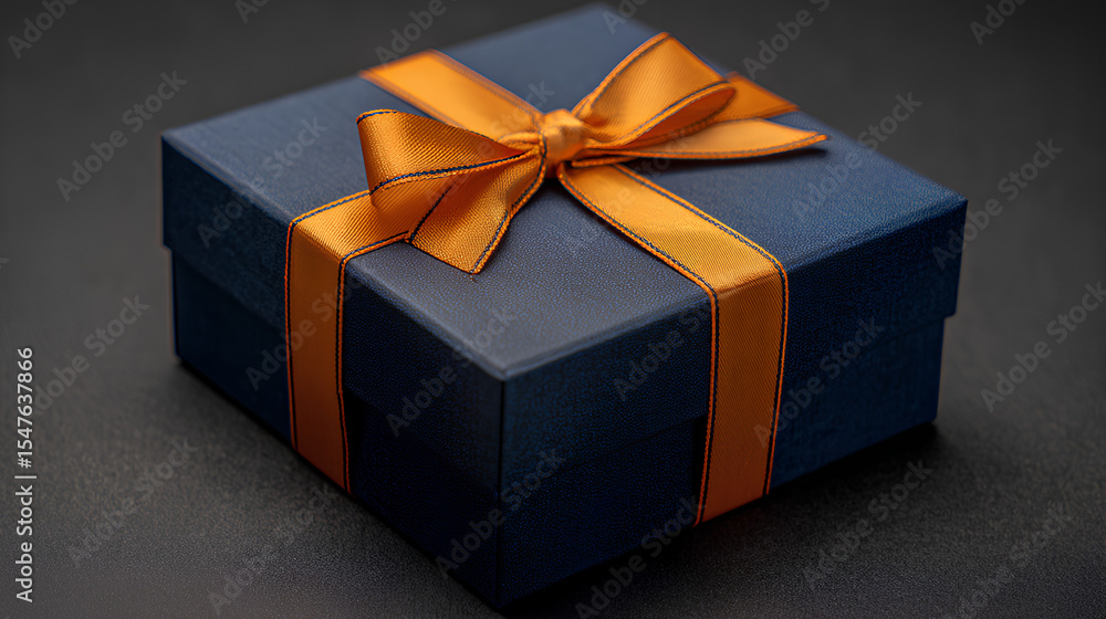 Obraz premium Dark Blue Gift Box with Orange Ribbon and Stationary