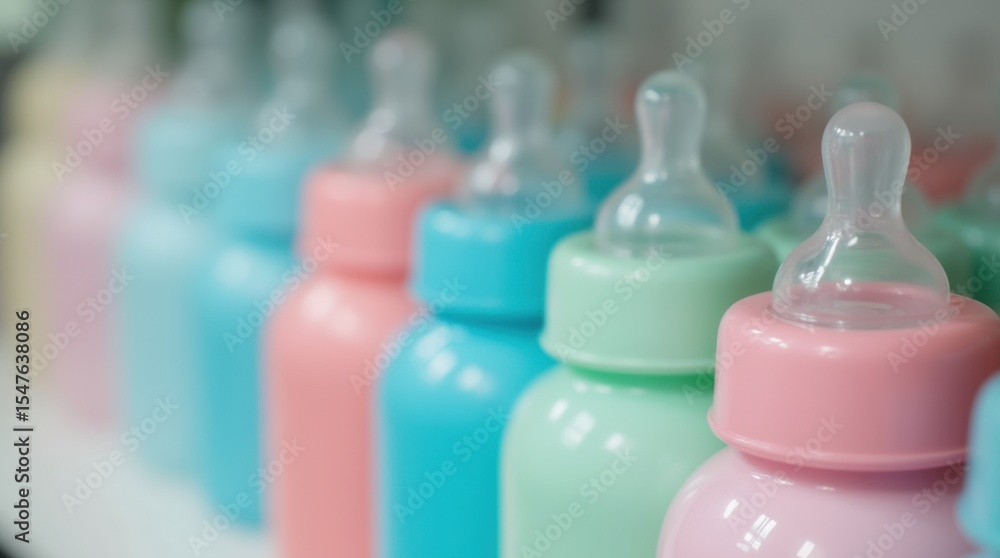Brightly colored baby bottles in pink, blue, and green lined up on a shelf, vibrant and playful, indoor. Brightly colored baby bottles in pink, blue, and green lined up on a shelf, vibrant and playful, indoor.