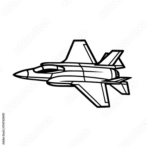 Angled perspective of modern stealth fighter jet in black and white vector illustration, showcasing aerodynamic design and military aviation technology
