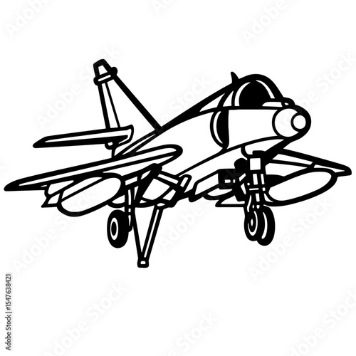 Angled front-side view of military fighter jet with detailed undercarriage and weaponry, black and white vector illustration for aviation education and combat aircraft schematics
