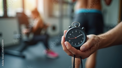 Stopwatch in trainer’s hand, gym gear and moving client blurred behind, indoor fitness training, focused atmosphere.
