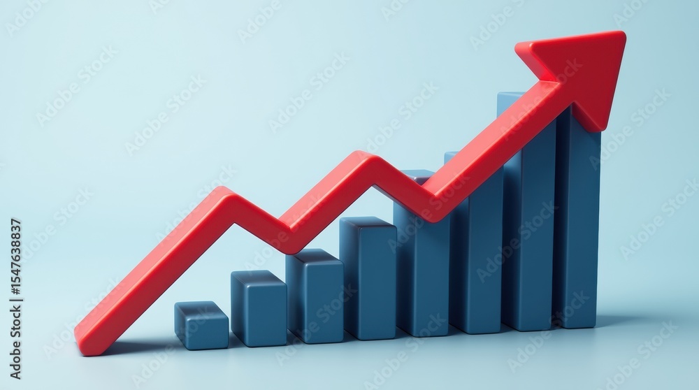 Dark blue bars increase steadily with a bold red upward arrow, symbolizing business growth, progress, and success, on a white background. Dark blue bars increase steadily with a bold red upward arrow, symbolizing business growth, progress, and success, on a white background.