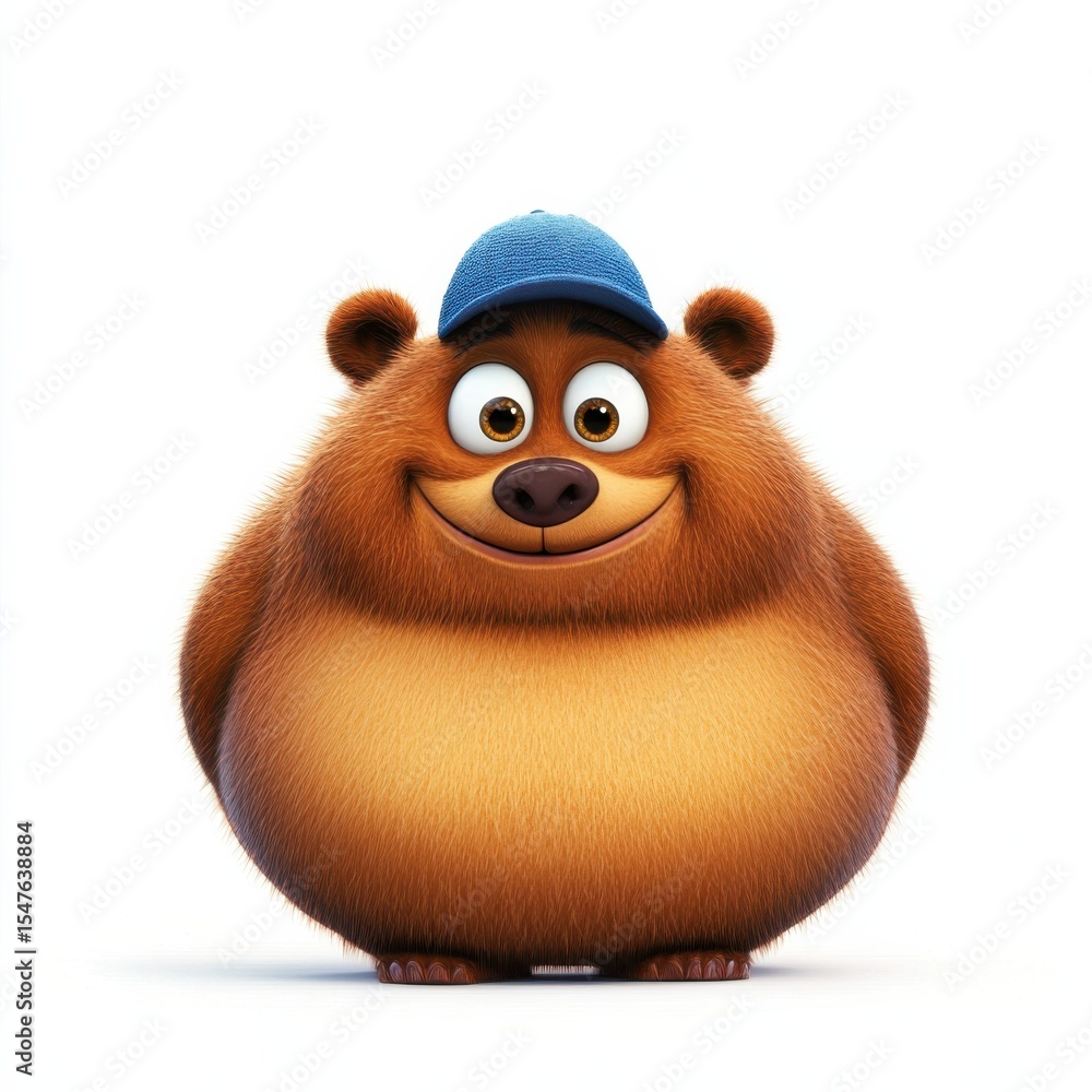 Fototapeta premium Happy Chubby Brown Bear Cartoon Character Smiling in Blue Cap