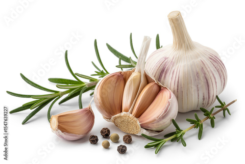 Fresh garlic cloves and herbs isolated on white background
