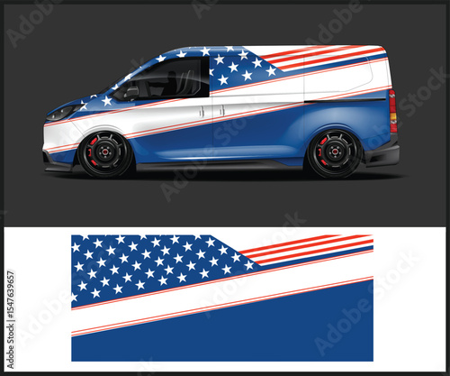Customized blue pickup truck with american flag graphics and racing stripes
