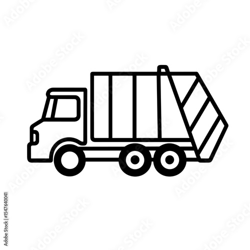 Black and white vector illustration of garbage truck or recycling vehicle icon in side view
