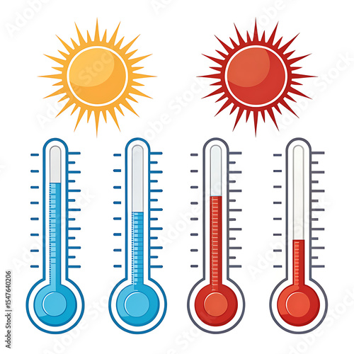 Hot and Cold Temperature Thermometers with Sun Icons for Weather Forecasts and Climate Change Illustrations