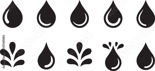 Vector splash and water drop icons – bold illustrations of liquid dynamics, impact, and wet elements for eco, drink, and clean design themes