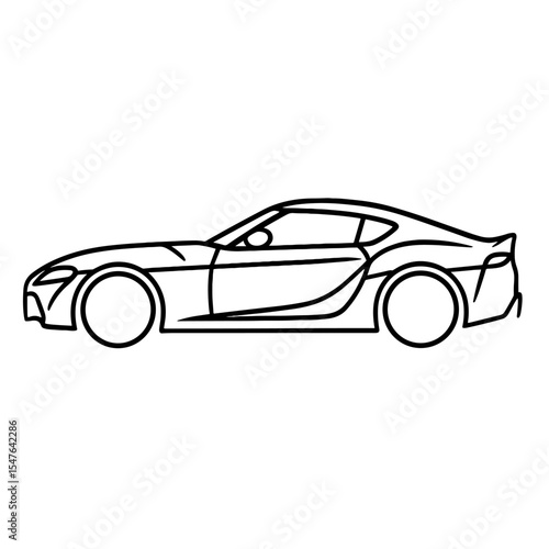 Sports car black and white line art illustration in side view with aerodynamic curves, sleek profile, and performance-oriented design

