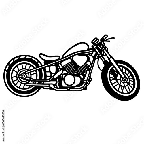 Stretched chopper motorcycle black and white line art illustration in side view with elongated frame, low seat, and large rear wheel for custom cruiser styling
