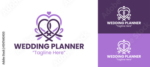 Stylish Wedding Planner Logo Featuring Heart and Purple Rings for Wedding Events