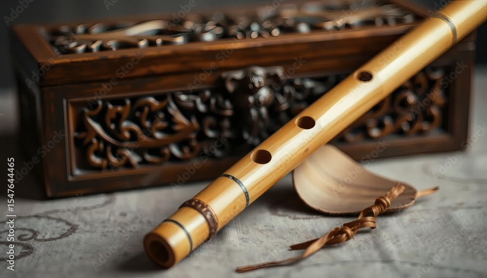 Fototapeta premium Wooden Flute on a Table Near a Decorative Box Music and Art