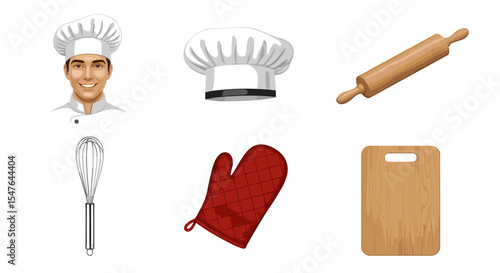 Illustration of a chef with tools including a whisk, rolling pin, and cutting board and oven mitts