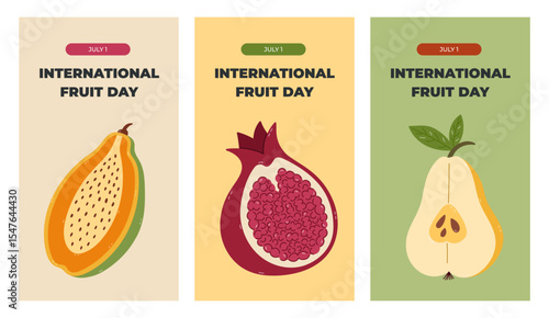 Vertical trendy set of stories for International Fruit Day with colorful cartoon clipart with summertime fruits. Greeting concept banner with juicy papaya, pomegranate, pear for social media.