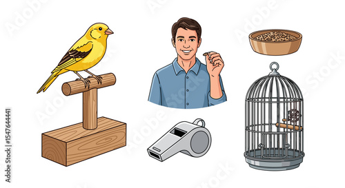 Illustration of a canary bird on a perch with a man, cage, whistle, and food bowl visible here