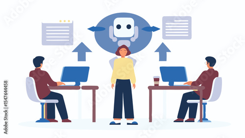Illustration of two workers and a woman with a robot in the background and arrows pointing up too