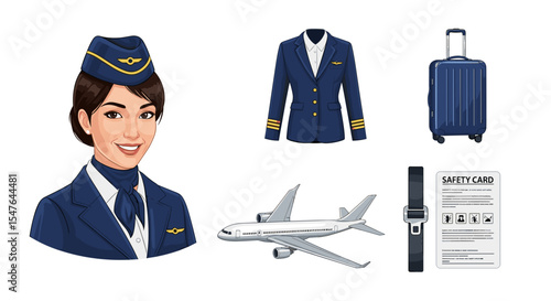 Illustration showing a flight attendant, airplane, luggage, and safety instructions card image