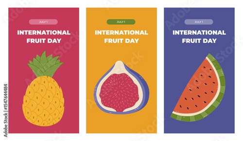 Vertical colourful trendy set of stories template for International Fruit Day with cartoon clipart with exotic juicy fruits. Greeting concept banner with pineapple, fig, watermelon for social media.