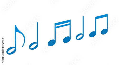 A collection of blue musical notes arranged in a row on a white background in a simple graphic style