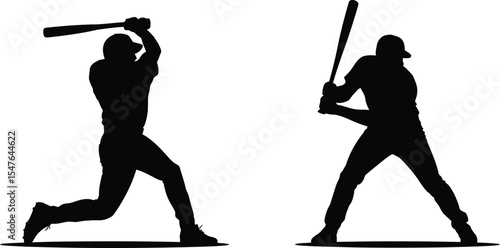 Silhouette vector of baseball players set swinging bat and hitting ball in dynamic action poses
