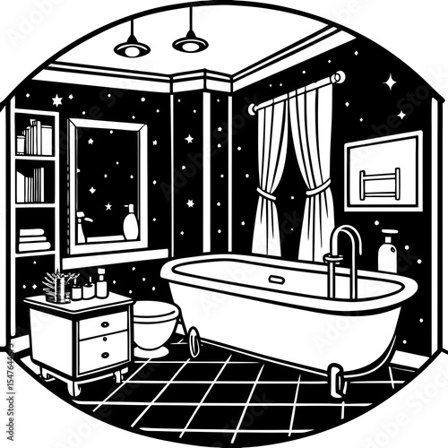 Black and white bathroom interior with bathtub and window