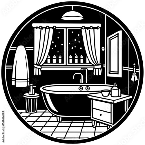 Black and white bathroom interior with bathtub and window