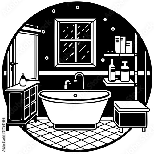 Black and white bathroom interior with bathtub and window