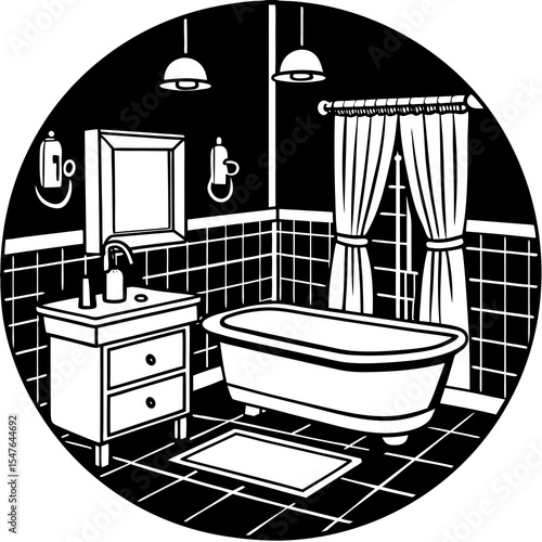 Black and white bathroom interior with bathtub and window