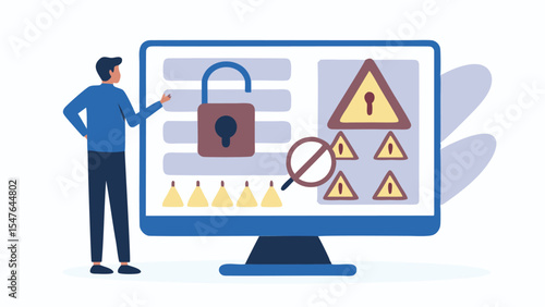 A man interacting with a computer screen displaying an open padlock, warning signs, and a magnifying glass