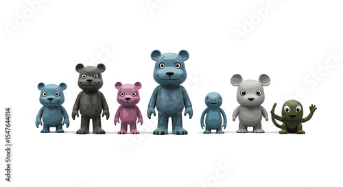 A collection of seven stylized animal figurines standing in a row on a white background display studio