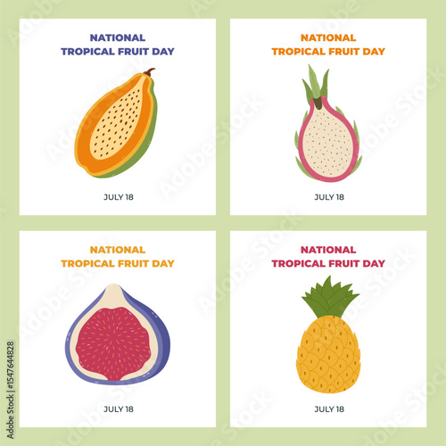 Set of square simple banners for National Tropical Fruit Day with cartoon papaya, dragon fruit, cut fig, pineapple. Hand drawn exotic sweet food for social media post, website banner, promotion