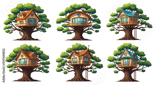 Illustration of six whimsical treehouses with varying designs and vibrant green foliage surrounding them