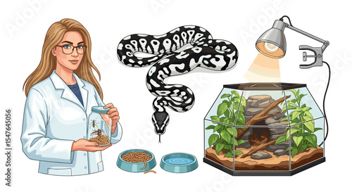 Scientist with insects, snake, food bowls, and terrarium with lamp in a detailed illustration