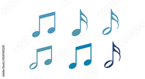 Illustration of six blue music notes arranged in two rows on a white isolated background showing rhythm