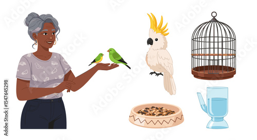 Woman with gray hair holding two green birds with a cockatoo cage food and water container nearby