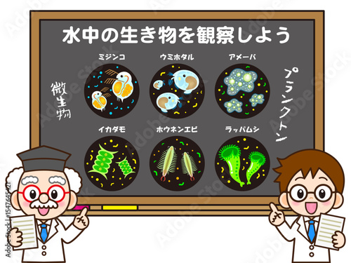 微生物とプランクトンの授業をする博士と助手のイラスト素材