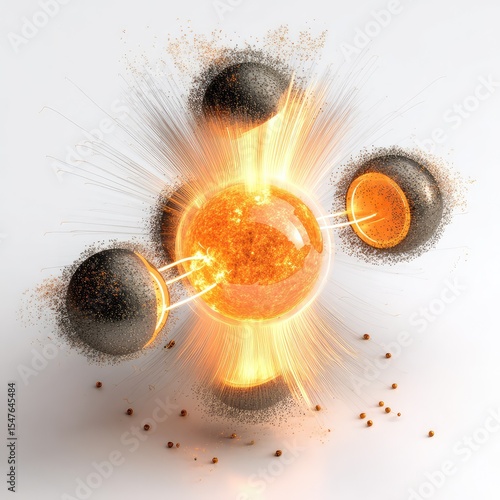 Dynamic depiction of atomic fission showcasing emerging energy and particles, illustrating the core principles of nuclear physics and the power of atomic reactions in a visually striking manner.