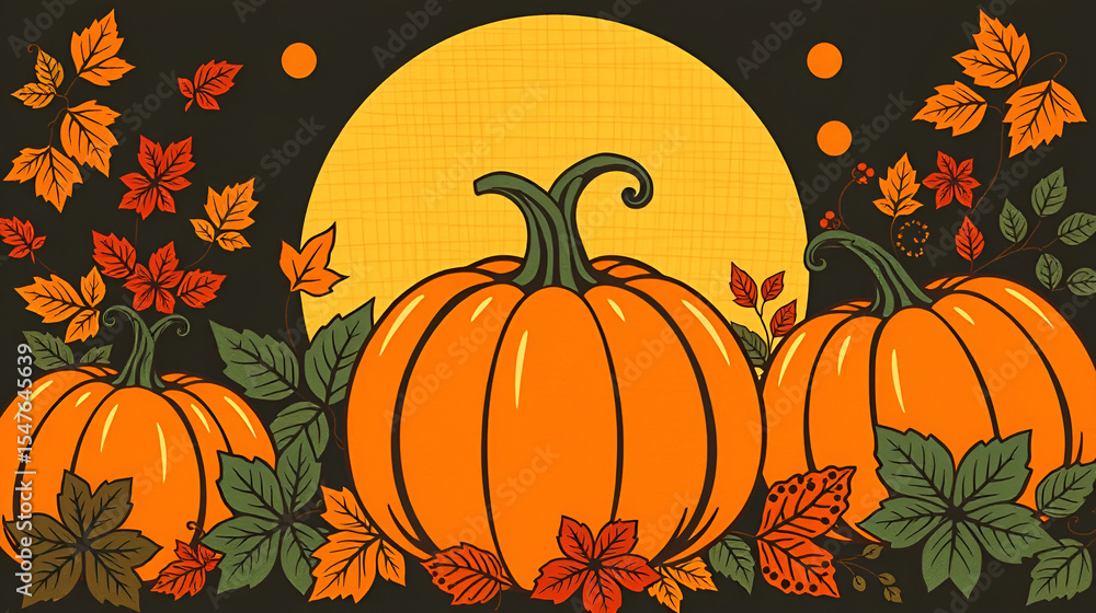 Naklejka premium Autumn motifs in retro Art Deco style featuring pumpkins and foliage