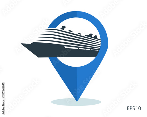 Map pointer with sea cruise liner. inside. Vector illustration.