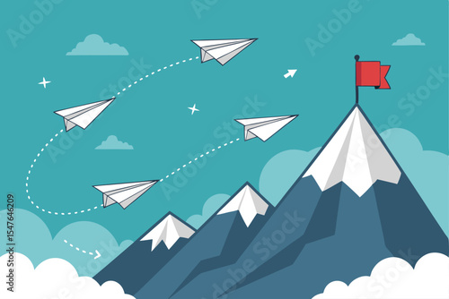 Paper Airplane Teamwork Flying Toward Red Flag on Mountain Peak Illustration