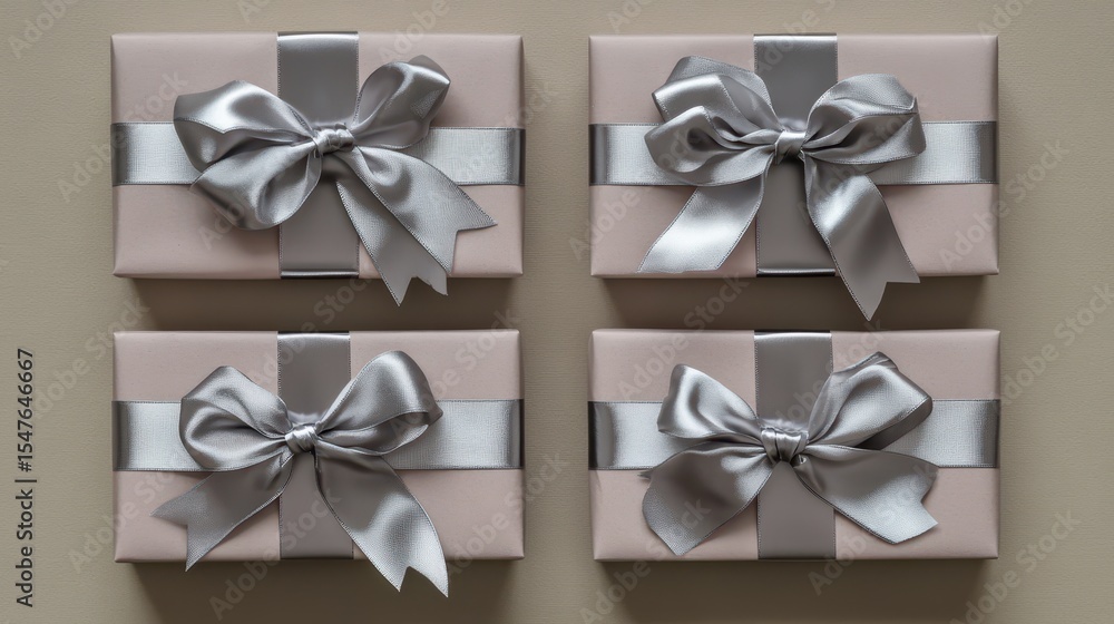 Beautifully Wrapped Gifts with Silver Bows on a Neutral Background Beautifully Wrapped Gifts with Silver Bows on a Neutral Background