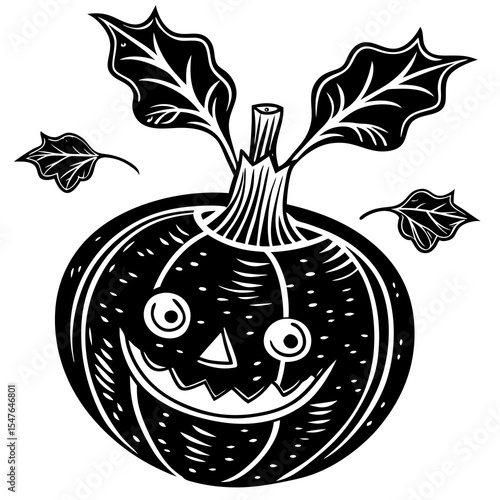 Halloween jackolantern pumpkin carved with a scary face and leaves