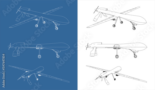 Set Vector blueprint  UAV military drone line art draw wireframe  isolated on blue and transparent background
