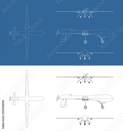 Vector UAV military drone line art draw blueprint wireframe from all view top front side back isolated in transparent background
