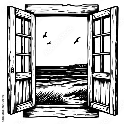 Open window with ocean view vector illustration in black and white hand-drawn style for coastal, travel, and scenic artwork themes
