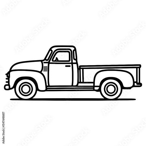 Classic side view vintage pickup truck vector illustration in black and white outline style for retro automotive and transport projects
